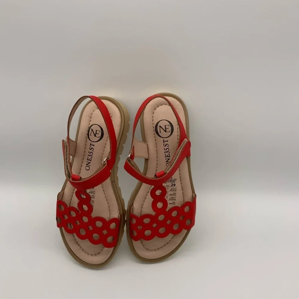 One35 Ankle Strap Red Sandals, Vegan Leather. Various Size